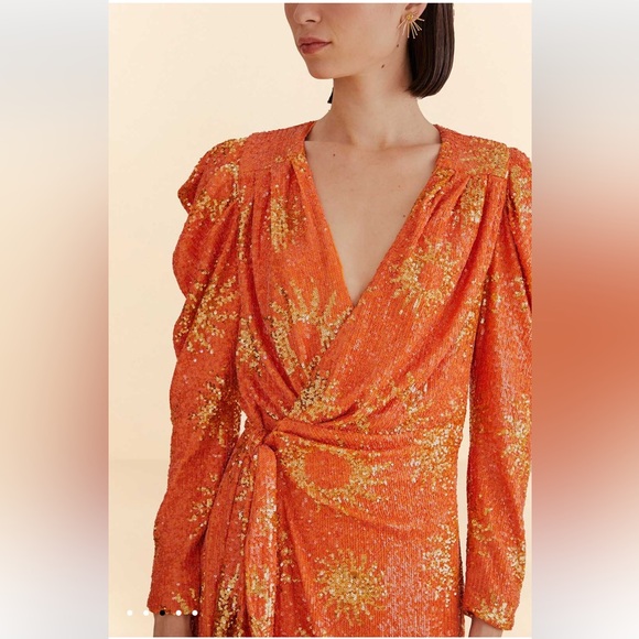 NWT Farm Rio Orange Sunny Mood Sequin Long Sleeve Mini Dress - Picture 3 of 9